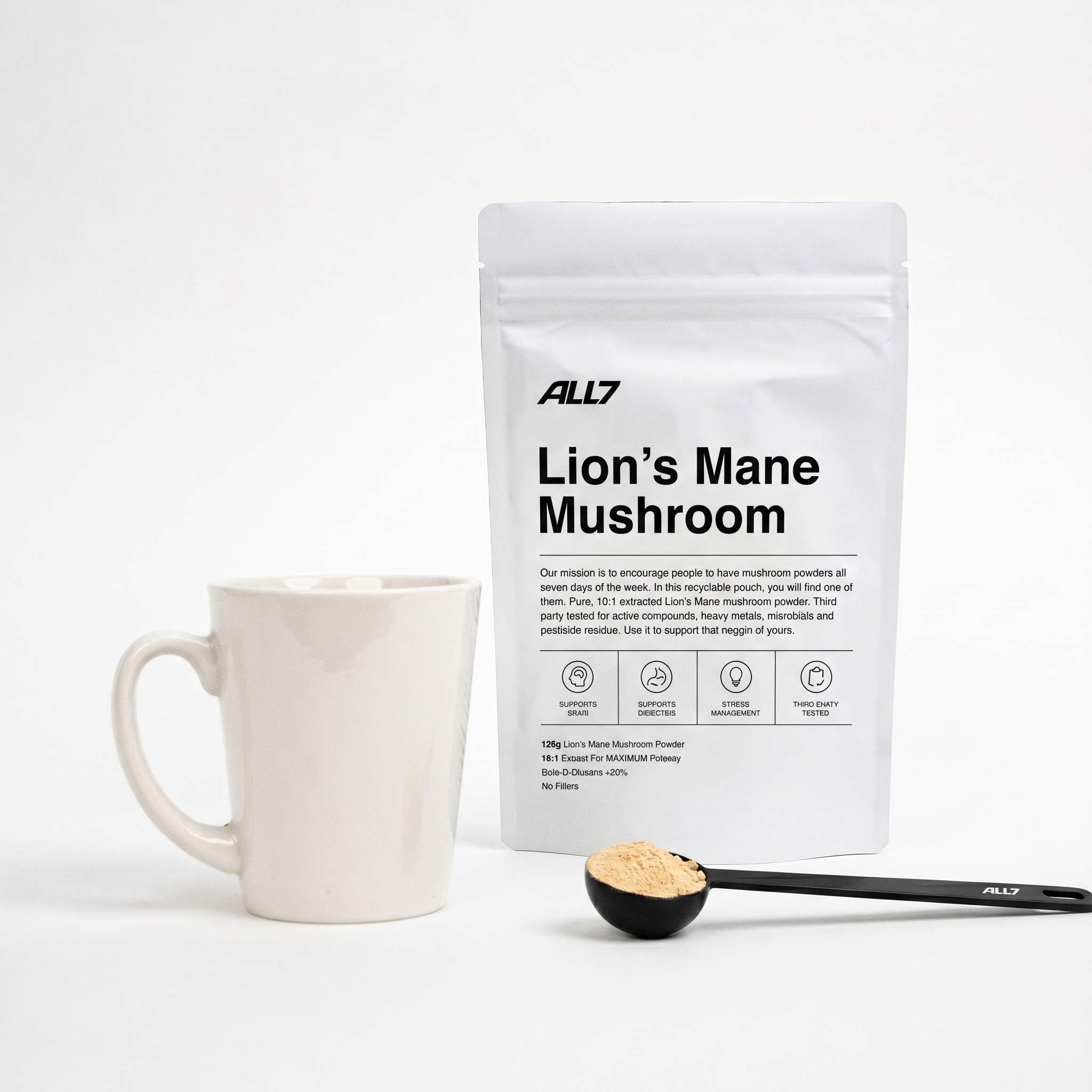 ALL7 Lion's Mane Mushroom powder with the ALL7 black measuring spoon and a mug